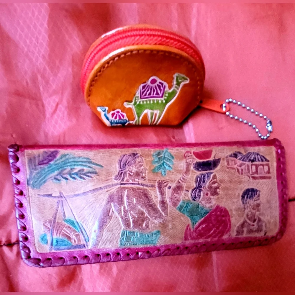 Vtg Handcrafted Tooled Gen.Leather Eyeglass Case/Wallet and Camel Coin-Key P…